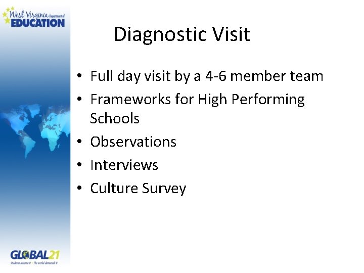 Diagnostic Visit • Full day visit by a 4 -6 member team • Frameworks
