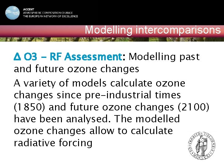 ACCENT NATIONAL EVENT Vilnius, February 15, 2006 Modelling intercomparisons Δ O 3 - RF