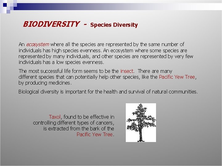 BIODIVERSITY - Species Diversity An ecosystem where all the species are represented by the