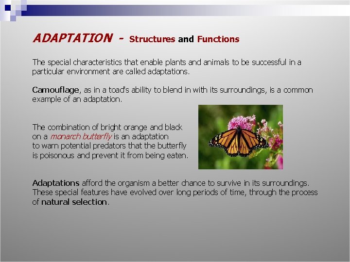 ADAPTATION - Structures and Functions The special characteristics that enable plants and animals to