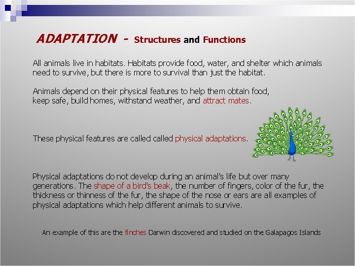 ADAPTATION - Structures and Functions All animals live in habitats. Habitats provide food, water,