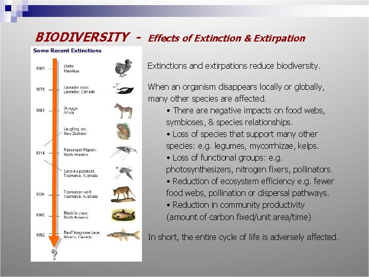 BIODIVERSITY - Effects of Extinction & Extirpation Extinctions and extirpations reduce biodiversity. When an