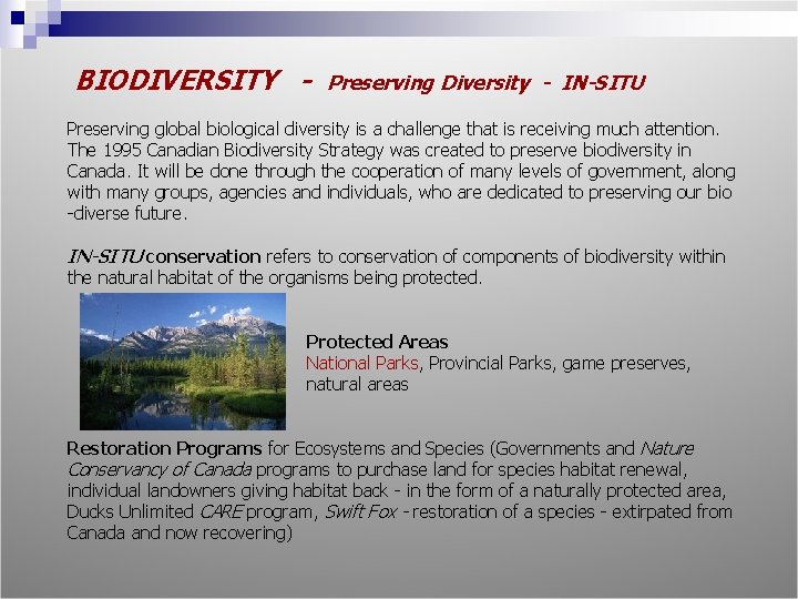 BIODIVERSITY - Preserving Diversity - IN-SITU Preserving global biological diversity is a challenge that
