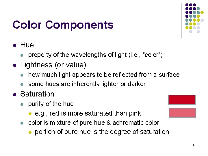 Color Components l Hue l l Lightness (or value) l l l property of