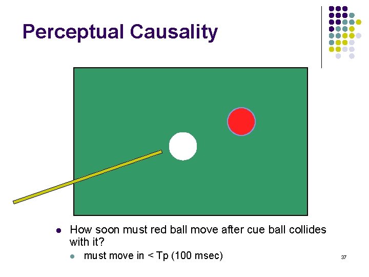 Perceptual Causality l How soon must red ball move after cue ball collides with