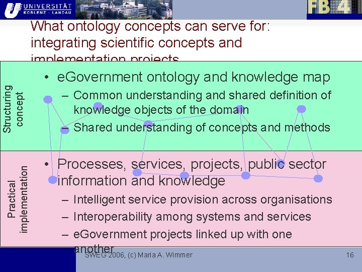 Practical implementation Structuring concept What ontology concepts can serve for: integrating scientific concepts and