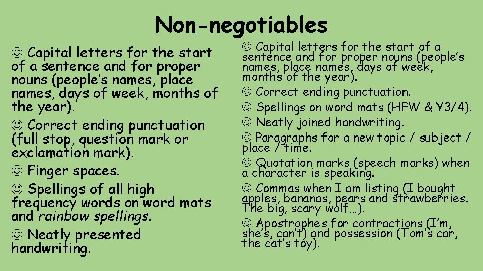 Non-negotiables Capital letters for the start of a sentence and for proper nouns (people’s