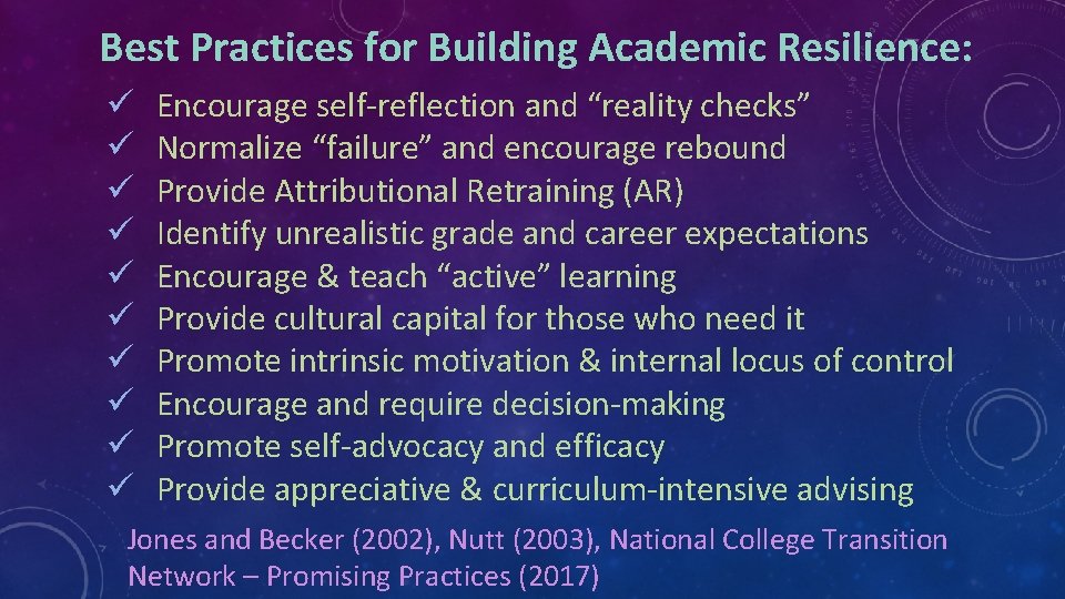 Best Practices for Building Academic Resilience: ü ü ü ü ü Encourage self-reflection and