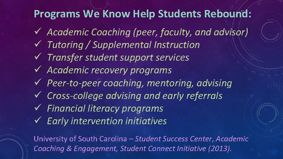 Programs We Know Help Students Rebound: ü ü ü ü Academic Coaching (peer, faculty,