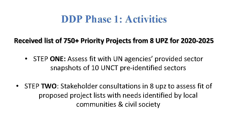 DDP Phase 1: Activities Received list of 750+ Priority Projects from 8 UPZ for