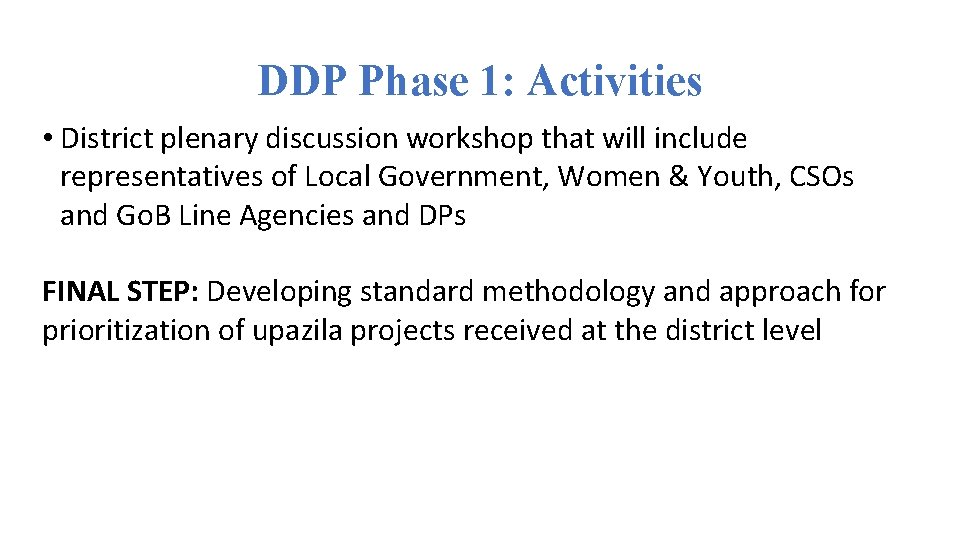 DDP Phase 1: Activities • District plenary discussion workshop that will include representatives of