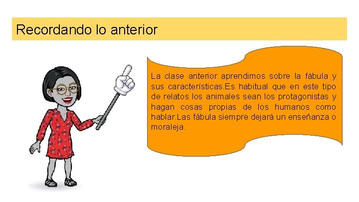 Recordando lo anterior La clase anterior aprendimos sobre la fábula y sus características. Es