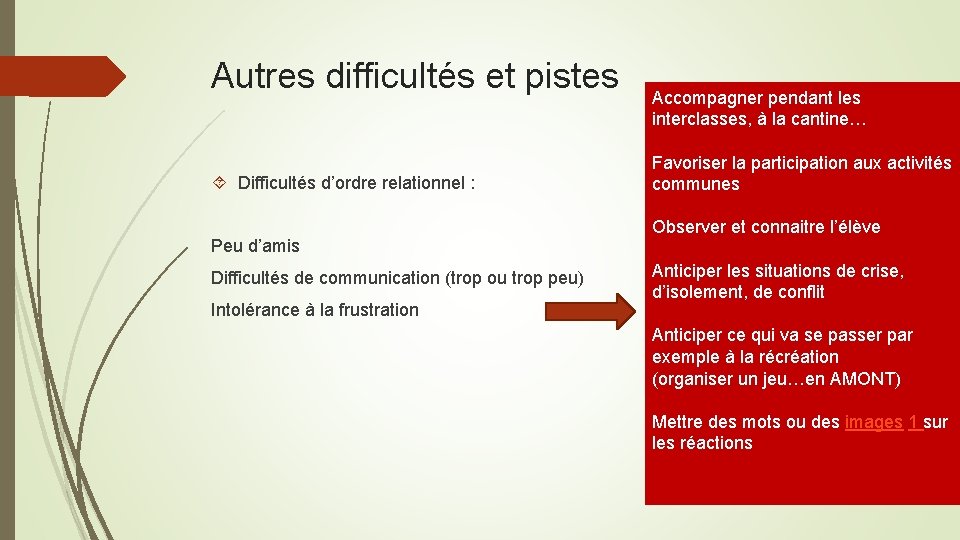 Autres difficultés et pistes Difficultés d’ordre relationnel : Peu d’amis Difficultés de communication (trop