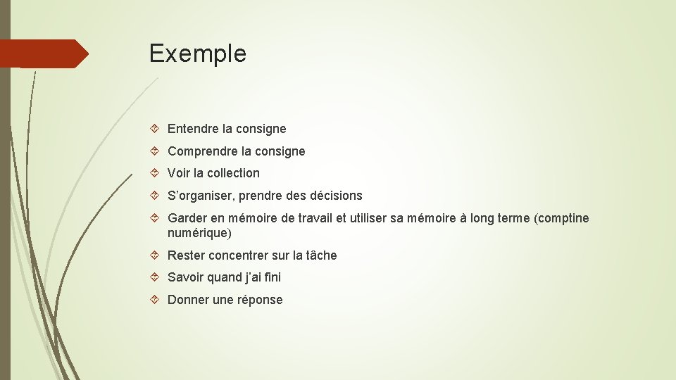 Exemple Entendre la consigne Comprendre la consigne Voir la collection S’organiser, prendre des décisions