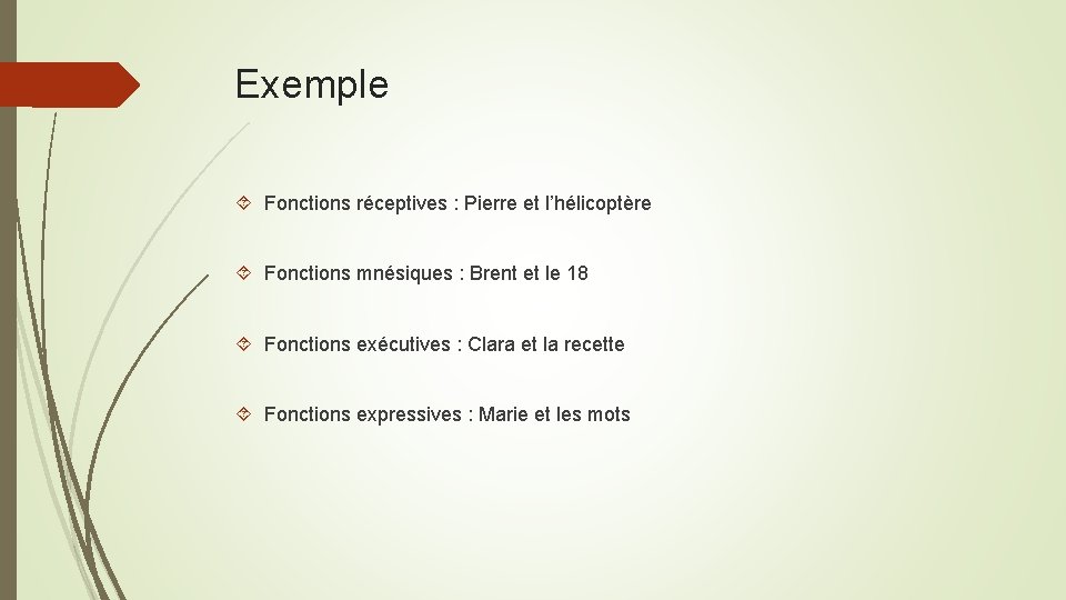 Exemple Fonctions réceptives : Pierre et l’hélicoptère Fonctions mnésiques : Brent et le 18