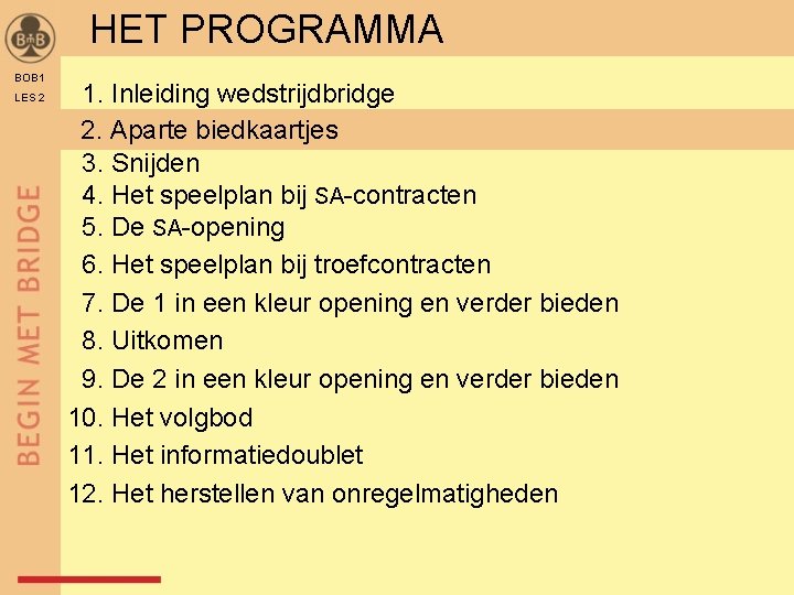 HET PROGRAMMA BOB 1 LES 2 1. Inleiding wedstrijdbridge 2. Aparte biedkaartjes 3. Snijden