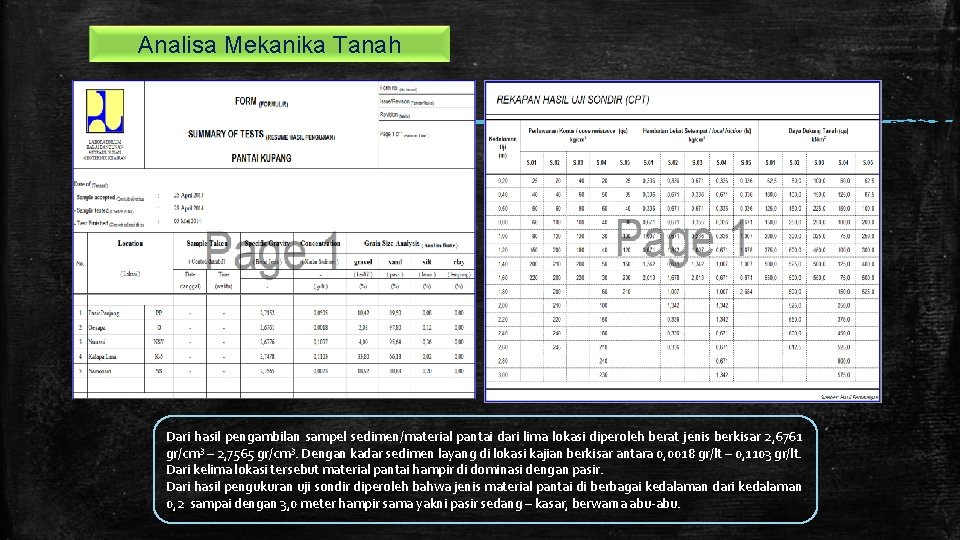 Analisa Mekanika Tanah Dari hasil pengambilan sampel sedimen/material pantai dari lima lokasi diperoleh berat