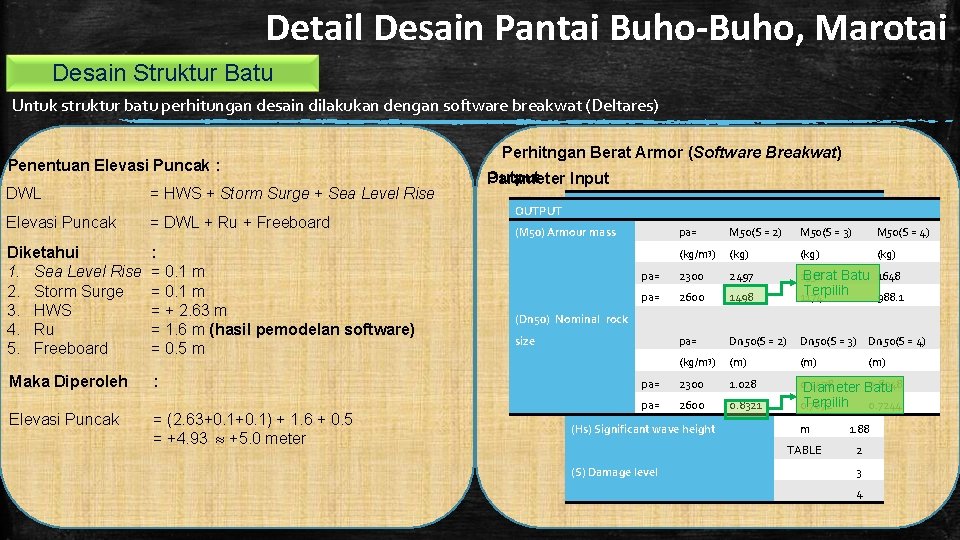 Detail Desain Pantai Buho-Buho, Marotai Desain Struktur Batu Untuk struktur batu perhitungan desain dilakukan