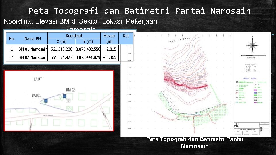 Peta Topografi dan Batimetri Pantai Namosain Koordinat Elevasi BM di Sekitar Lokasi Pekerjaan Namosain