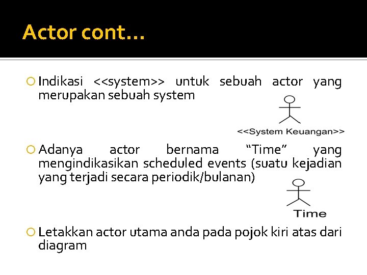 Actor cont. . . Indikasi <<system>> untuk sebuah actor yang merupakan sebuah system Adanya Actor cont. . . Indikasi <<system>> untuk sebuah actor yang merupakan sebuah system Adanya