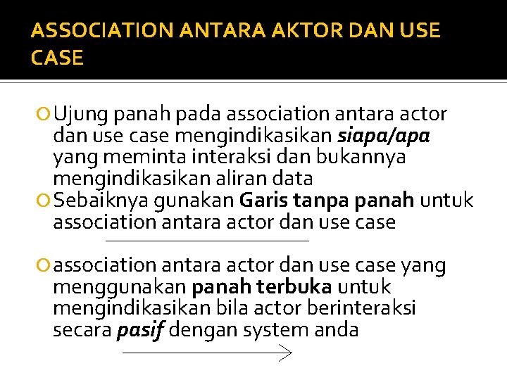 ASSOCIATION ANTARA AKTOR DAN USE CASE Ujung panah pada association antara actor dan use ASSOCIATION ANTARA AKTOR DAN USE CASE Ujung panah pada association antara actor dan use