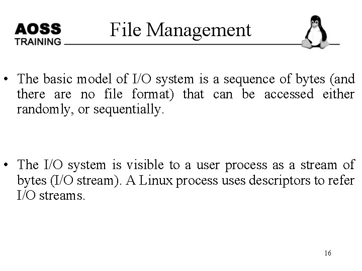 File Management • The basic model of I/O system is a sequence of bytes