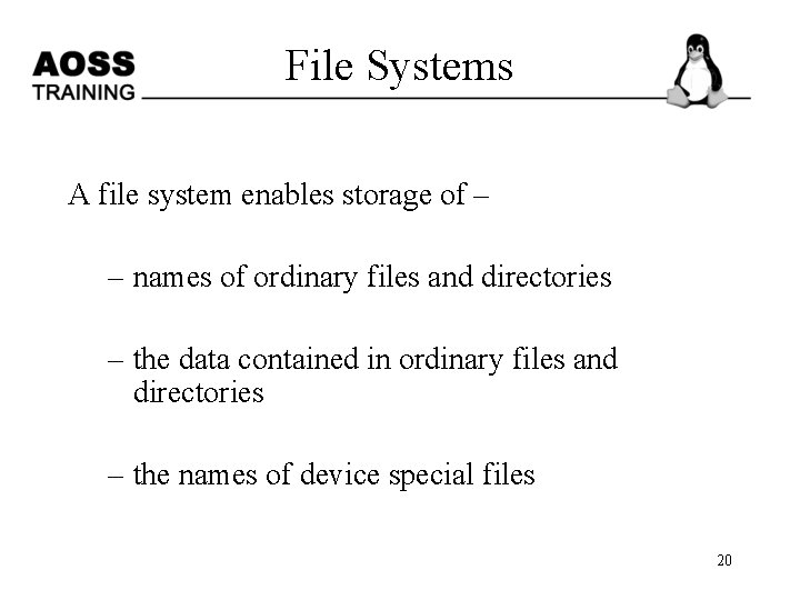 File Systems A file system enables storage of – – names of ordinary files