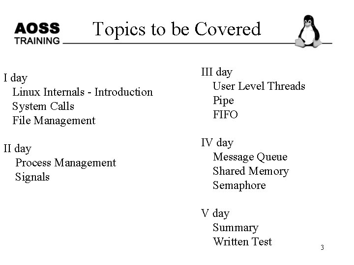 Topics to be Covered I day Linux Internals - Introduction System Calls File Management