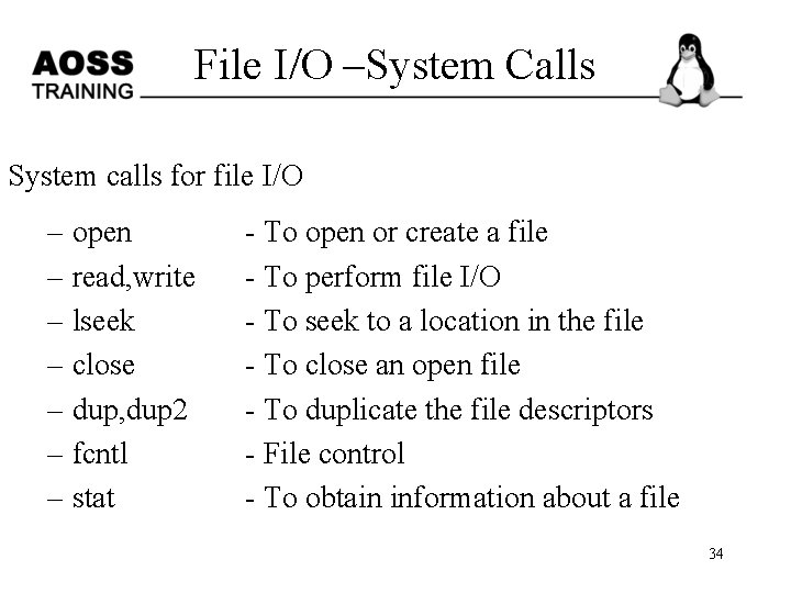 File I/O –System Calls System calls for file I/O – open – read, write