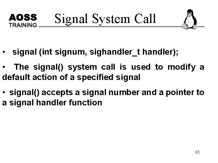 Signal System Call • signal (int signum, sighandler_t handler); • The signal() system call