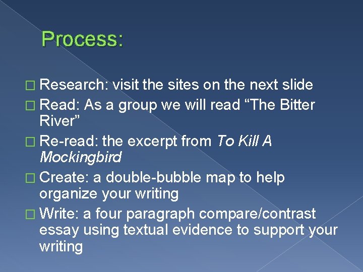 Process: � Research: visit the sites on the next slide � Read: As a