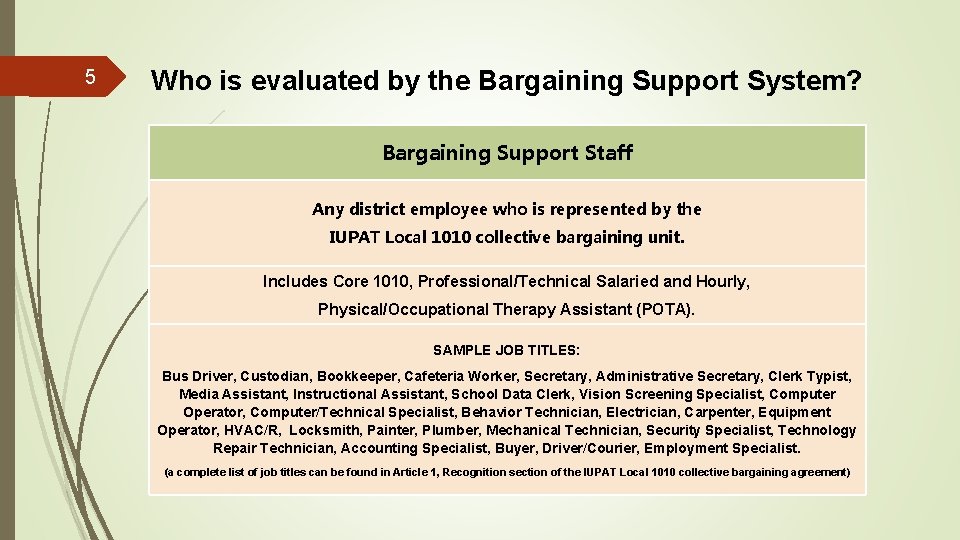 5 Who is evaluated by the Bargaining Support System? Bargaining Support Staff Any district