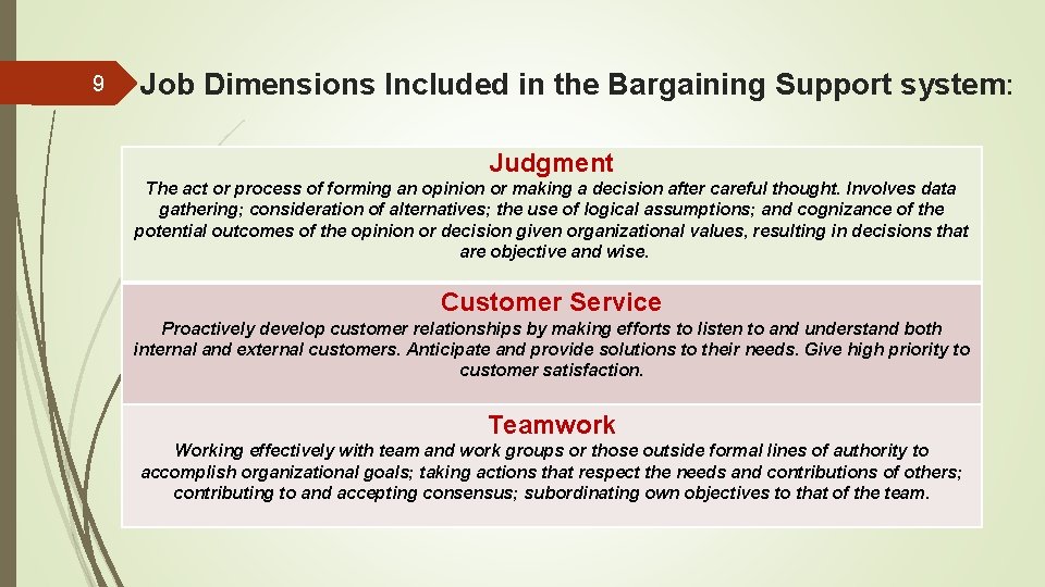 9 Job Dimensions Included in the Bargaining Support system : Judgment The act or