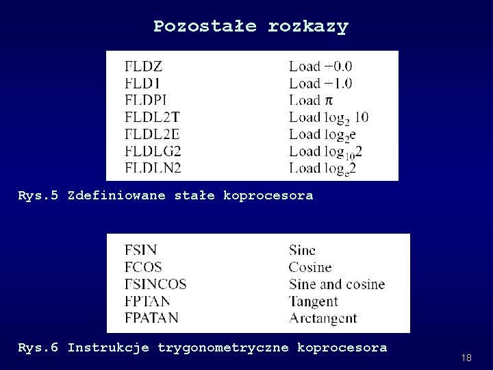 Pozostałe rozkazy Rys. 5 Zdefiniowane stałe koprocesora Rys. 6 Instrukcje trygonometryczne koprocesora 18 