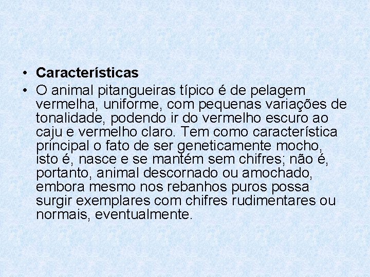  • Características • O animal pitangueiras típico é de pelagem vermelha, uniforme, com