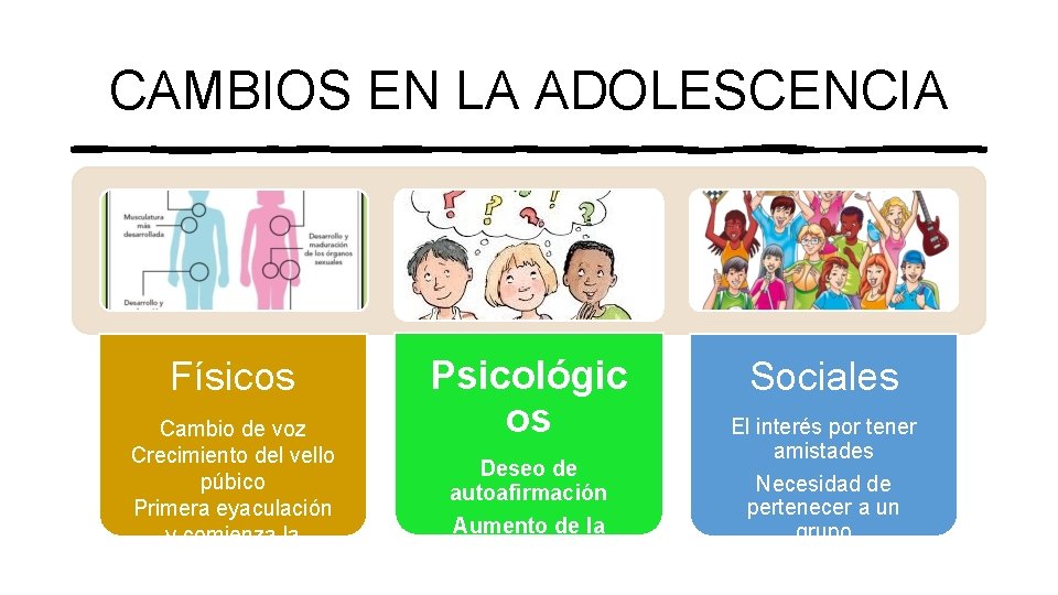 CAMBIOS EN LA ADOLESCENCIA Físicos Cambio de voz Crecimiento del vello púbico Primera eyaculación