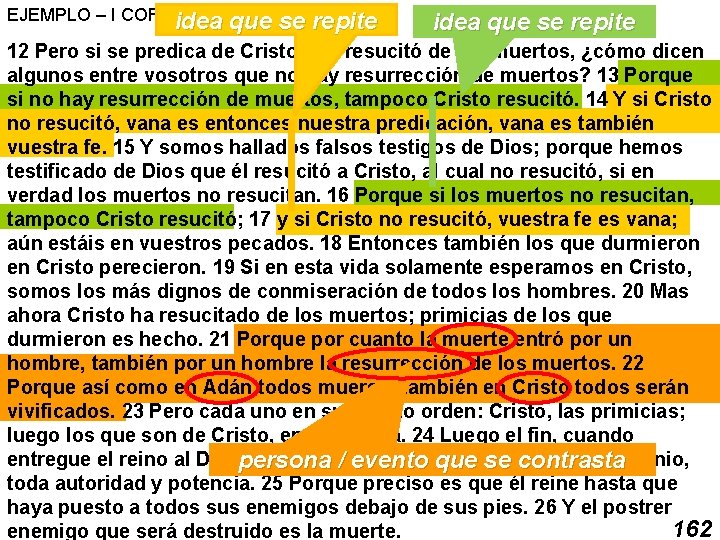 EJEMPLO – I COR. 15: 12 -26 idea que se repite 12 Pero si