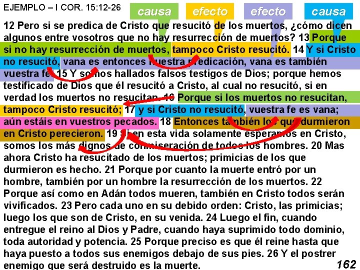 EJEMPLO – I COR. 15: 12 -26 causa efecto causa 12 Pero si se