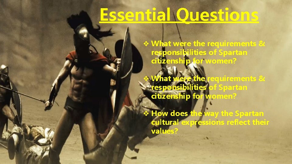 Essential Questions v What were the requirements & responsibilities of Spartan citizenship for women? Essential Questions v What were the requirements & responsibilities of Spartan citizenship for women?