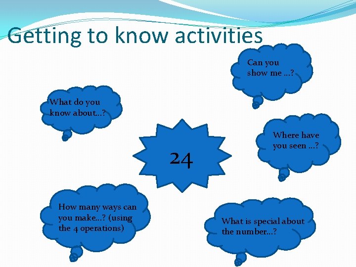 Getting to know activities Can you show me …? What do you know about…?