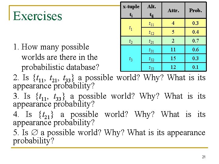 Exercises x-tuple ti t 1 t 2 Alt. tij Attr. Prob. t 11 4