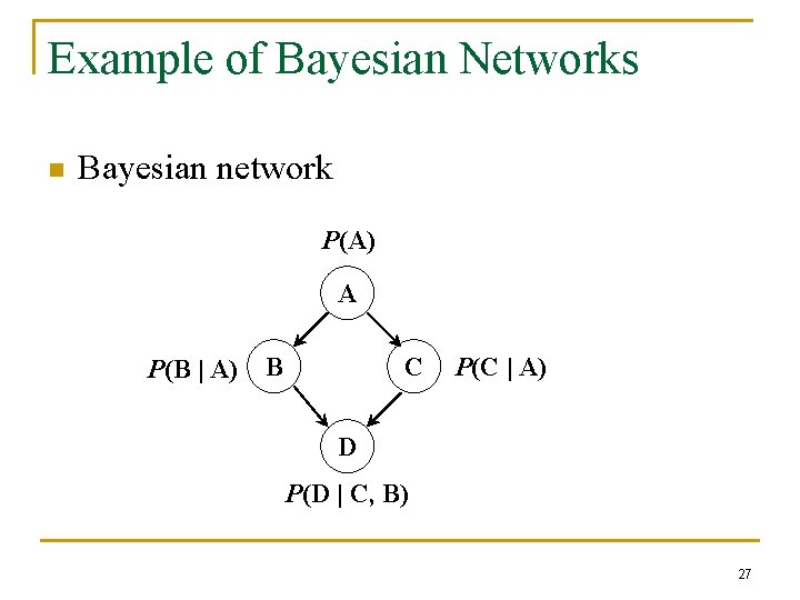 Example of Bayesian Networks n Bayesian network P(A) A P(B | A) B C