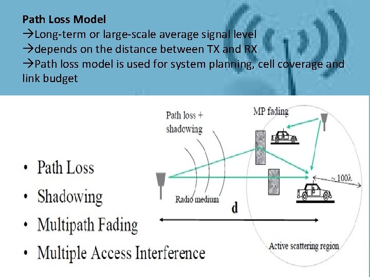 Path Loss Model Long-term or large-scale average signal level depends on the distance between Path Loss Model Long-term or large-scale average signal level depends on the distance between