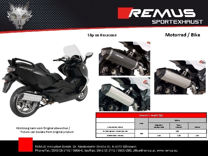 Motorrad / Bike Slip-on Hexacone Gewicht / weight (kg) REMUS stock Abbildung kann vom