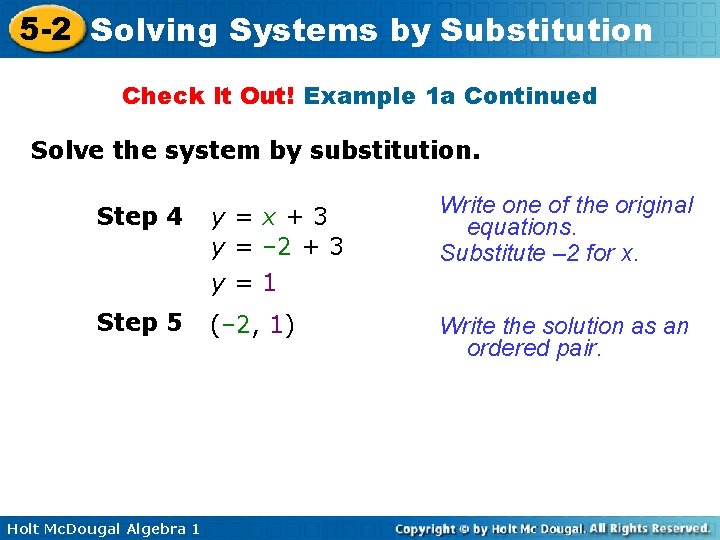5 -2 Solving Systems by Substitution Check It Out! Example 1 a Continued Solve 5 -2 Solving Systems by Substitution Check It Out! Example 1 a Continued Solve