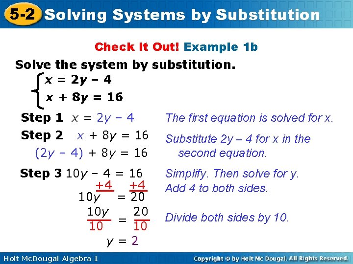5 -2 Solving Systems by Substitution Check It Out! Example 1 b Solve the 5 -2 Solving Systems by Substitution Check It Out! Example 1 b Solve the