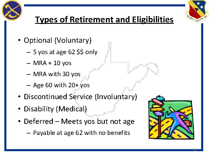 Types of Retirement and Eligibilities • Optional (Voluntary) – 5 yos at age 62