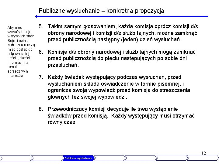 Publiczne wysłuchanie – konkretna propozycja Aby móc wyważyć racje wszystkich stron Sejm i opinia