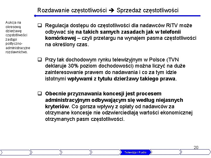 Rozdawanie częstotliwości Sprzedaż częstotliwości Aukcja na okresową dzierżawę częstotliwości zastąpi politycznoadministracyjne rozdawnictwo. q Regulacja