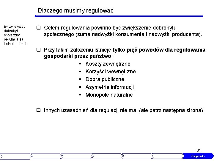 Dlaczego musimy regulować By zwiększyć dobrobyt społeczny regulacja są jednak potrzebne. q Celem regulowania